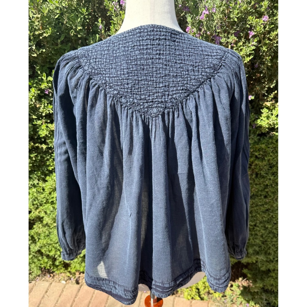 Free People We The Free Navy Blue Smocked Button Down Peasant Blouse Top - Picture 5 of 11